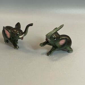Pair Elephant SMALL Figurines Pink Ear Ceramic Porcelain Vintage Hand Painted